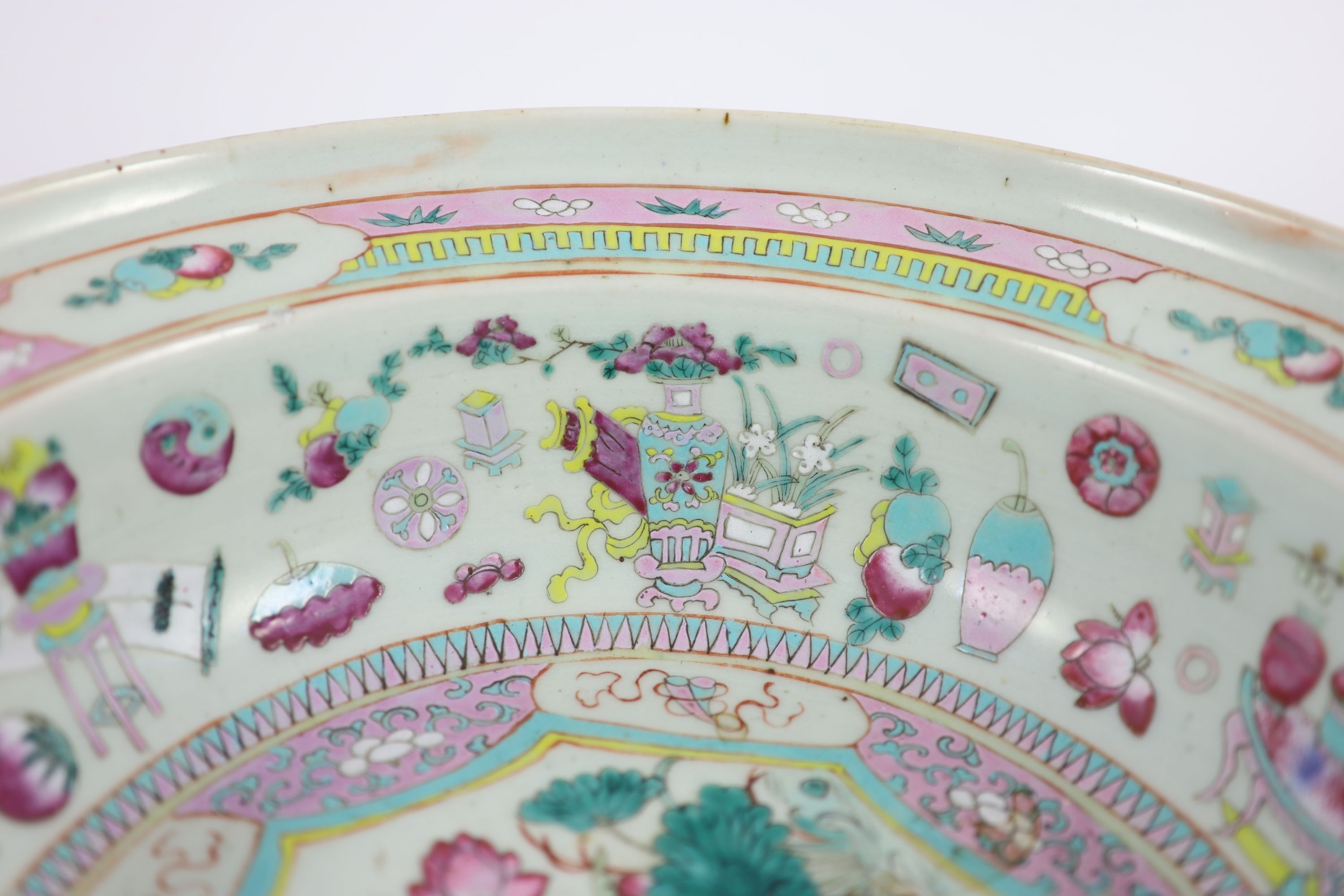 A Chinese famille rose wash basin, mid 19th century, 37.5 cm diameter, over-glazed firing crack